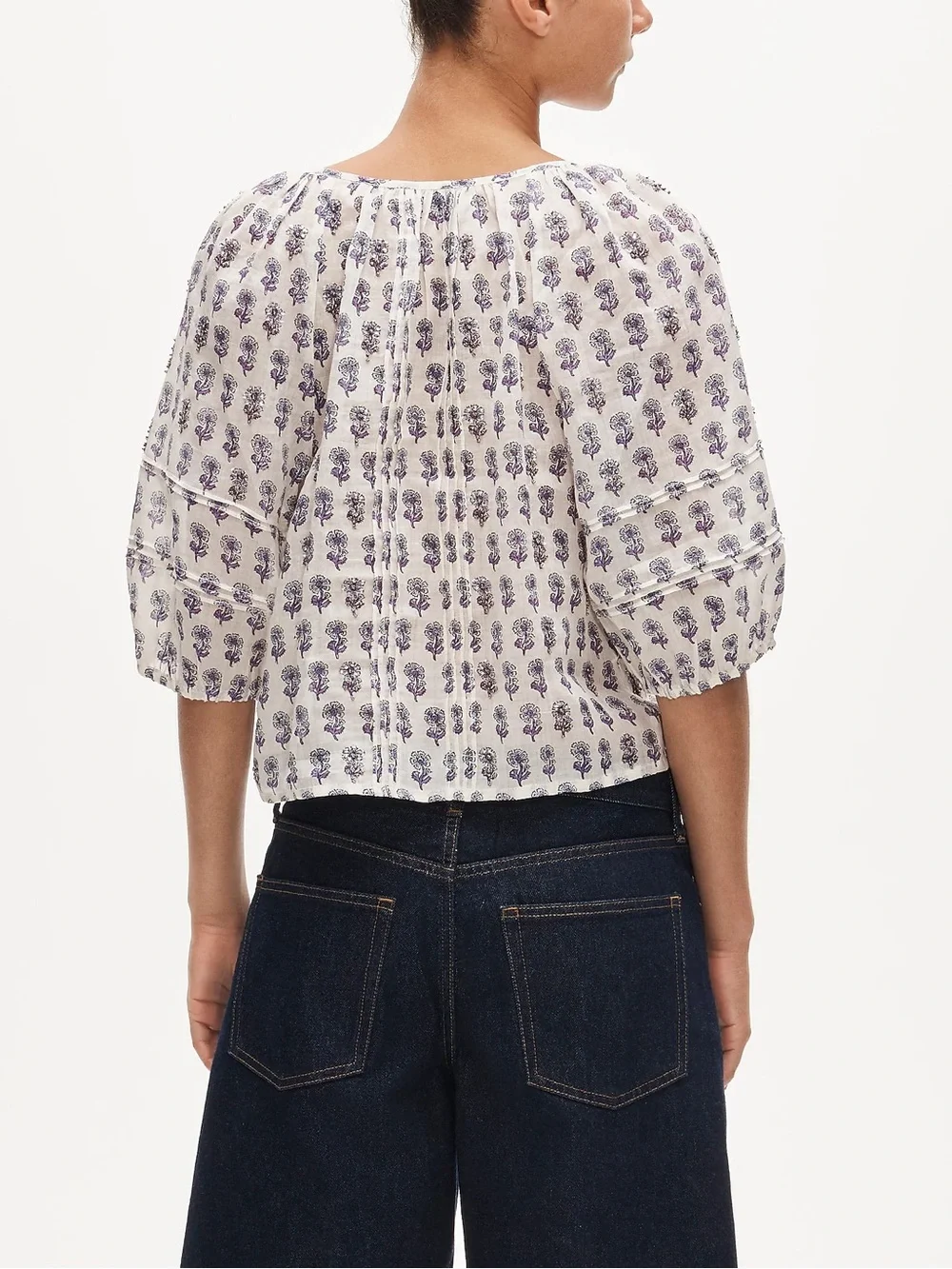 Puff-sleeve top in embellished lilac block-print ramie J Crew XS 2026